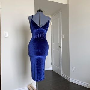 Royal blue, V neck, Suede, Midi Dress